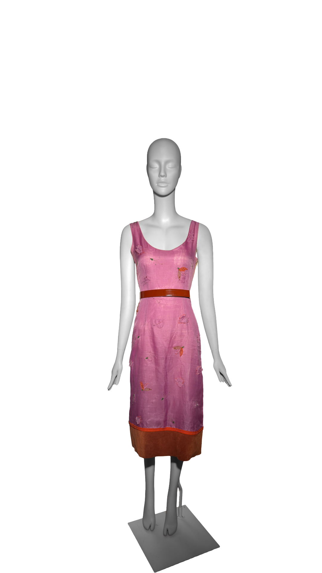 Prada FW 1999 Leaf Pink Silk Organza Beaded Leaf Appliqué Dress with Belt