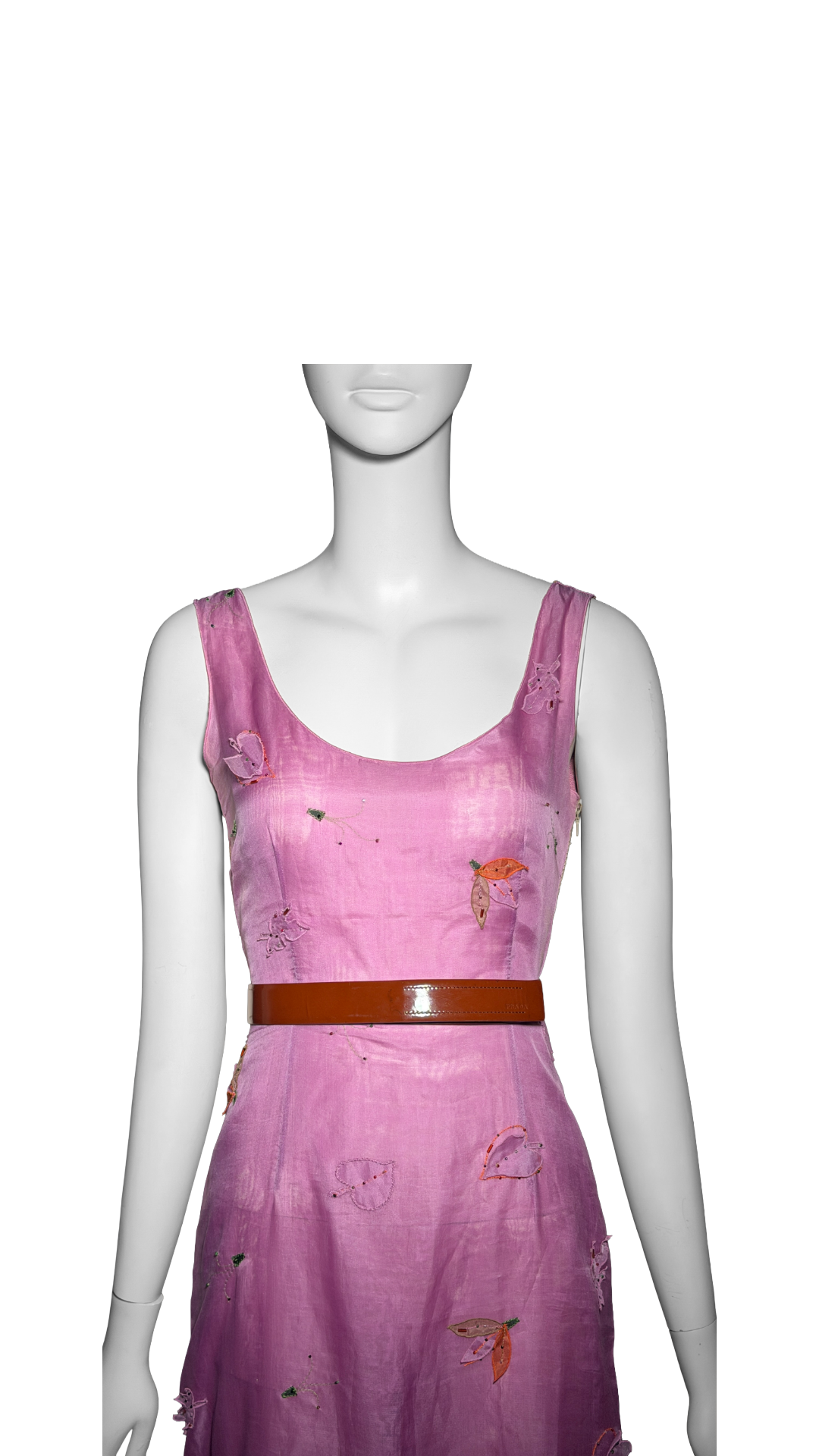 Prada FW 1999 Leaf Pink Silk Organza Beaded Leaf Appliqué Dress with Belt