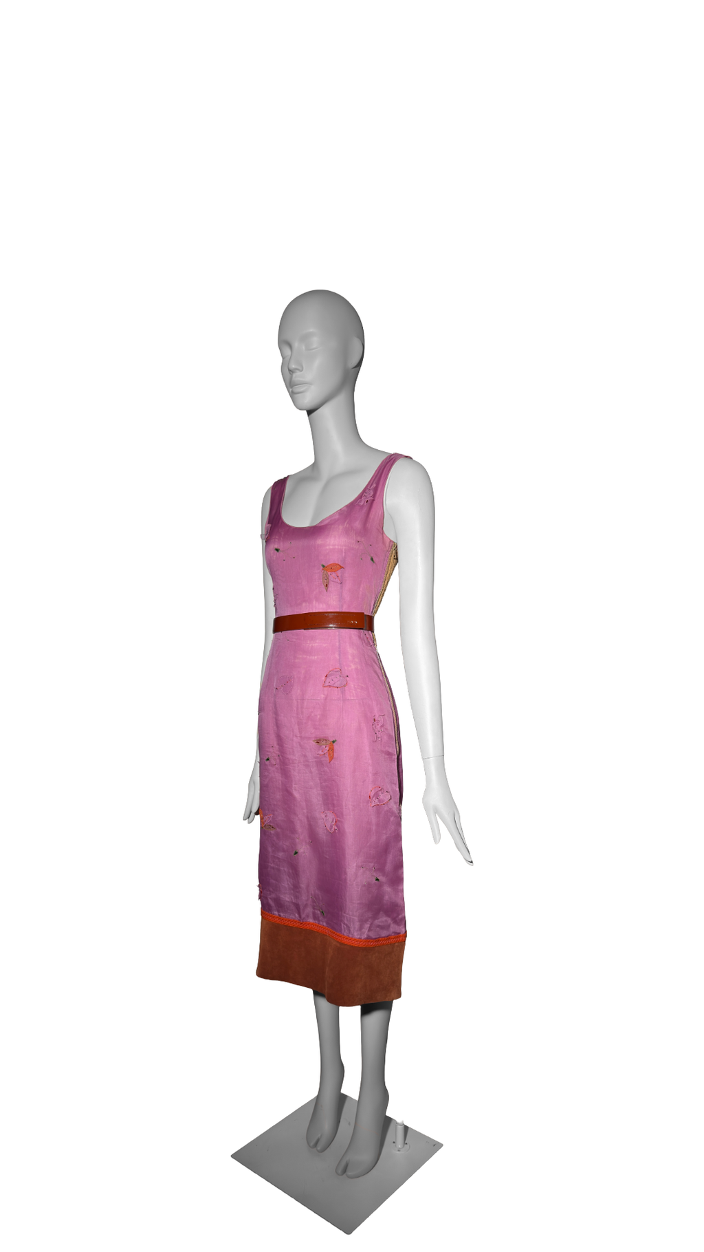 Prada FW 1999 Leaf Pink Silk Organza Beaded Leaf Appliqué Dress with Belt