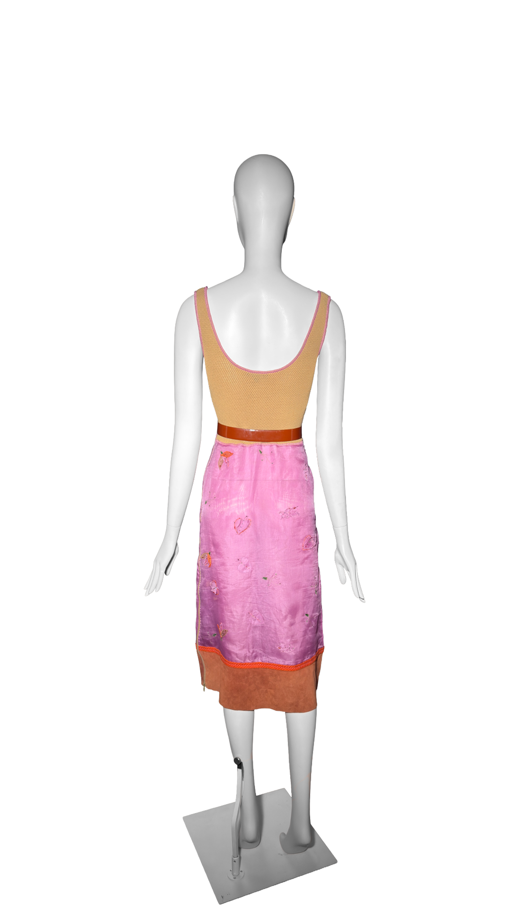 Prada FW 1999 Leaf Pink Silk Organza Beaded Leaf Appliqué Dress with Belt
