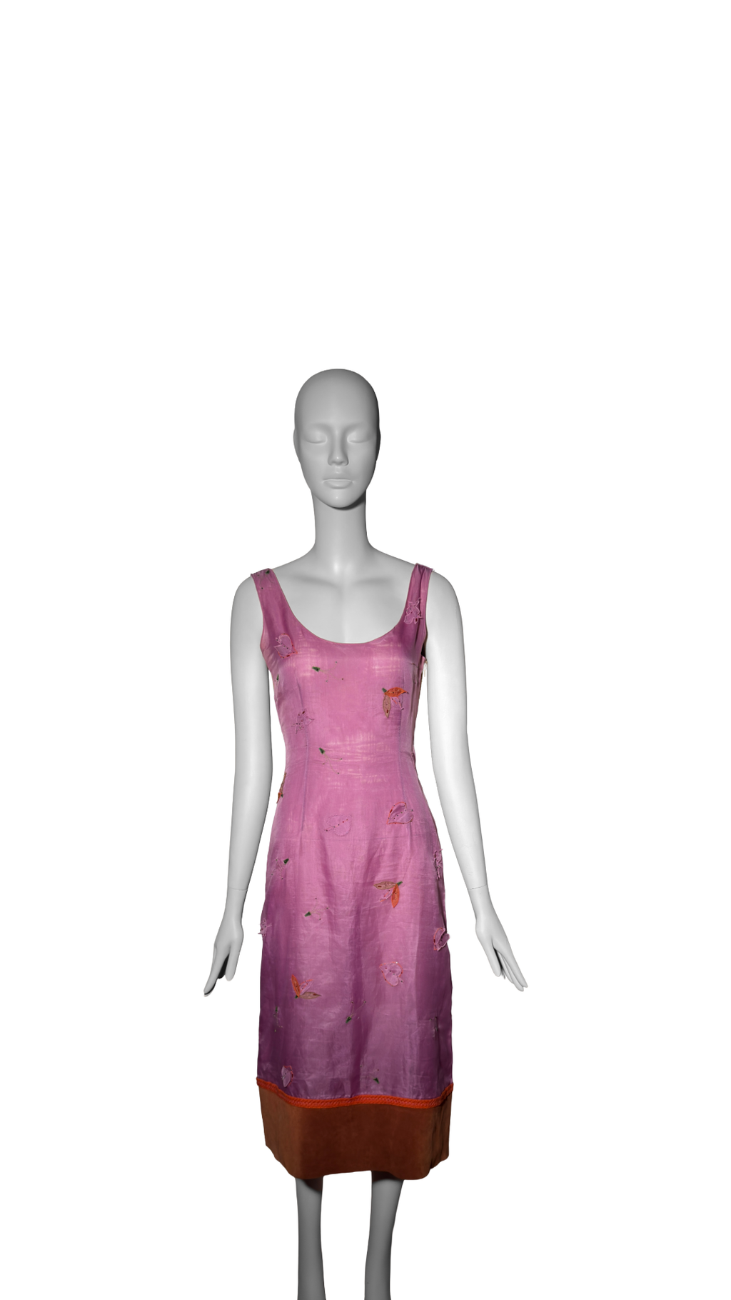 Prada FW 1999 Leaf Pink Silk Organza Beaded Leaf Appliqué Dress with Belt