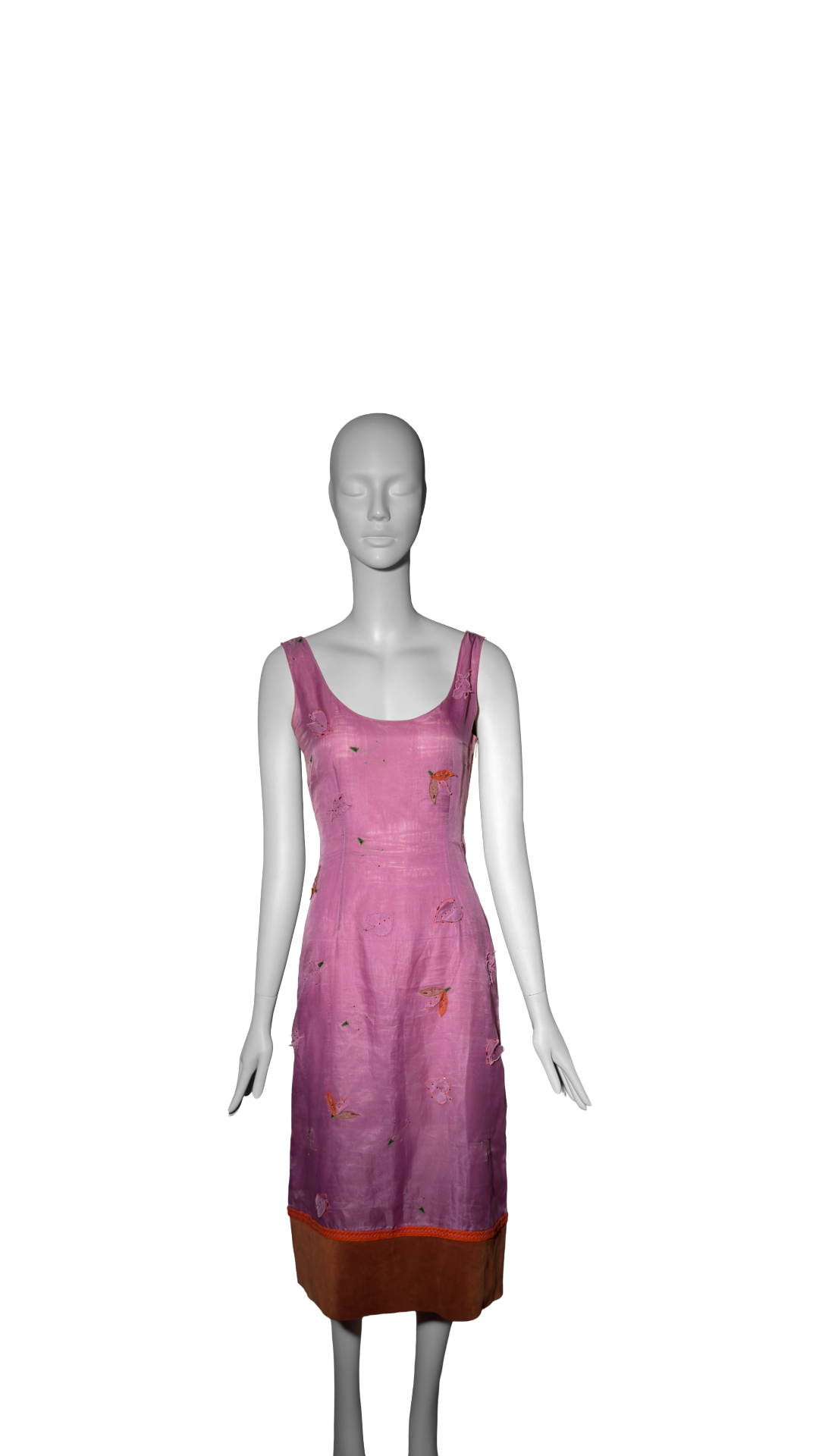 Prada FW 1999 Leaf Pink Silk Organza Beaded Leaf Appliqué Dress with Belt