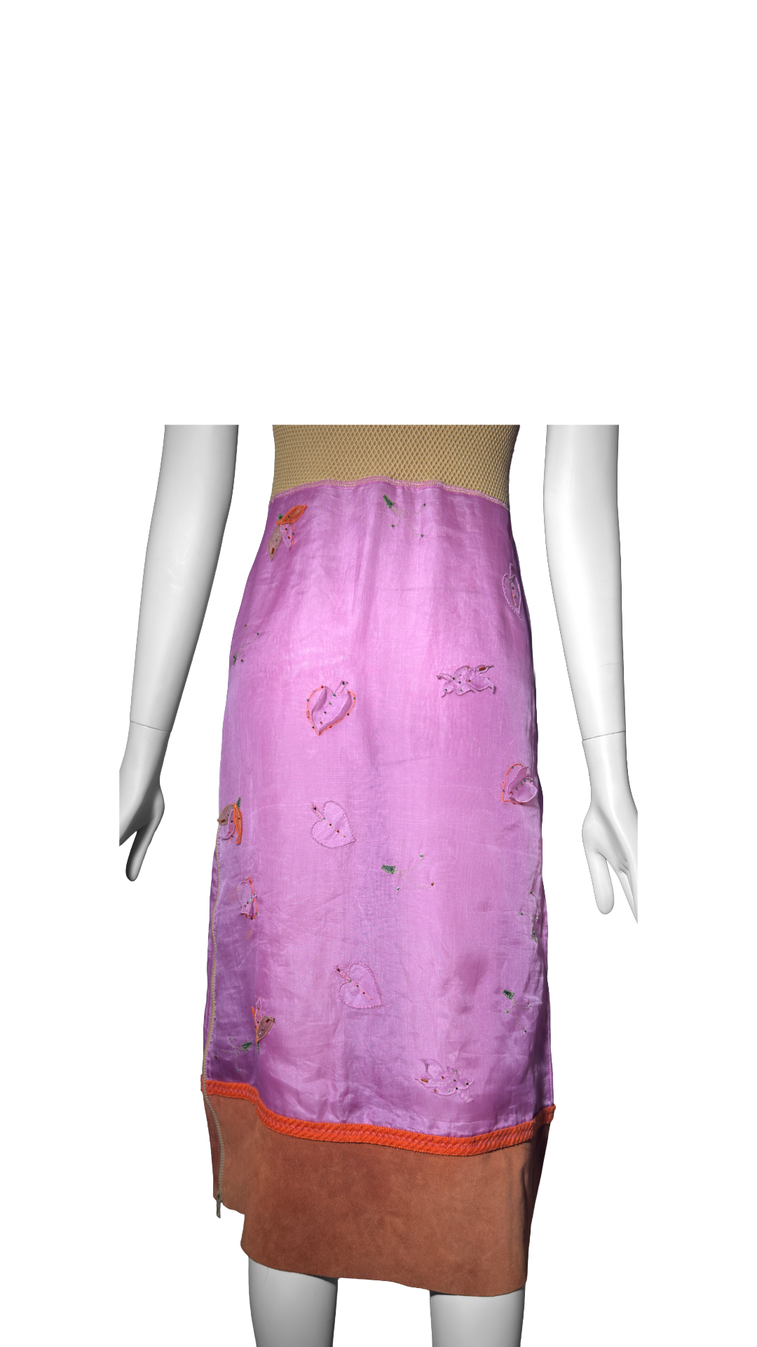 Prada FW 1999 Leaf Pink Silk Organza Beaded Leaf Appliqué Dress with Belt