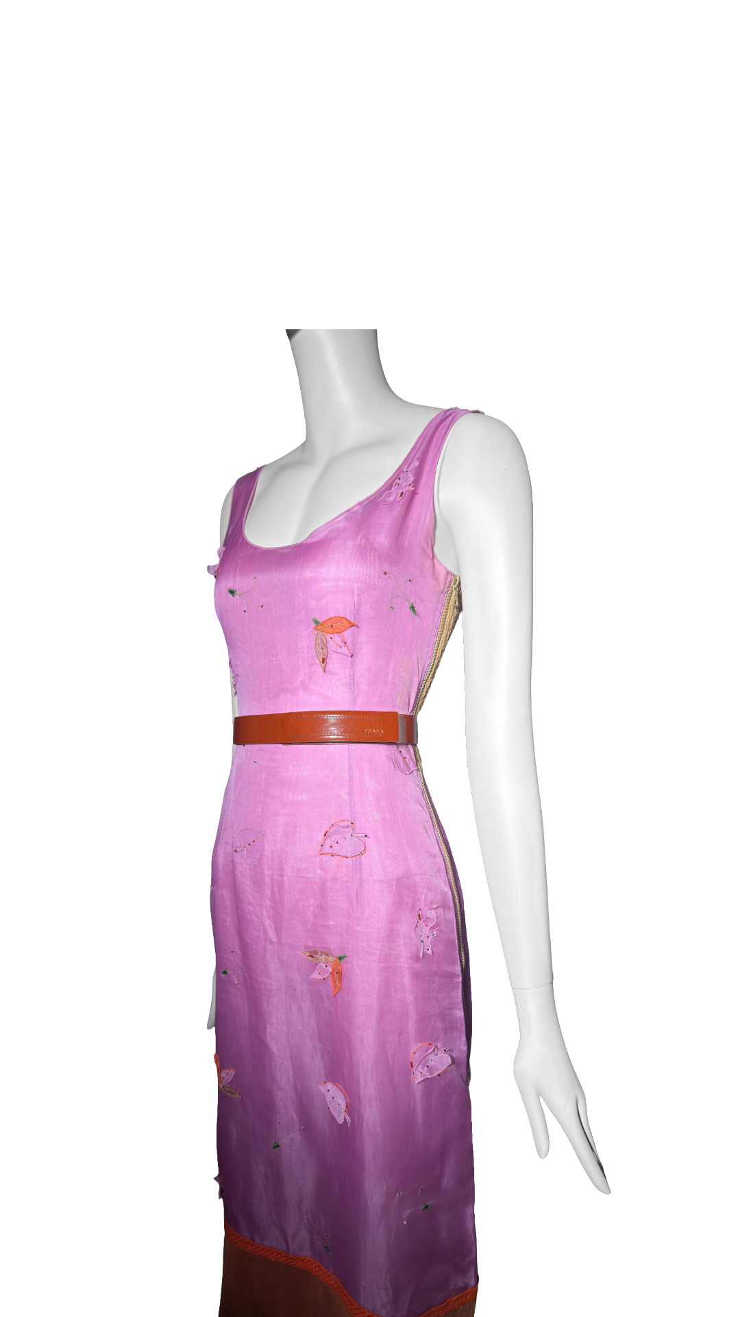 Prada FW 1999 Leaf Pink Silk Organza Beaded Leaf Appliqué Dress with Belt