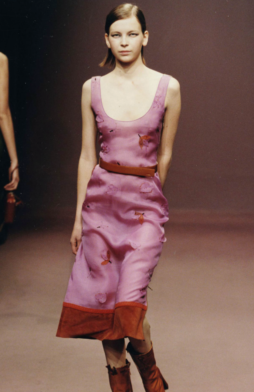 Prada FW 1999 Leaf Pink Silk Organza Beaded Leaf Appliqué Dress with Belt
